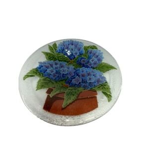 Fused Glass Plate Hydrangea Flowers Pot Design Decorative Art Dish 8.5